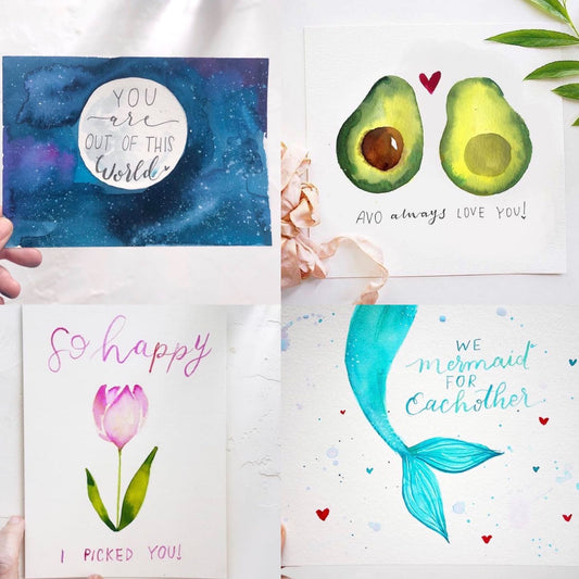 watercolor projects of handmade valentine cards with puns